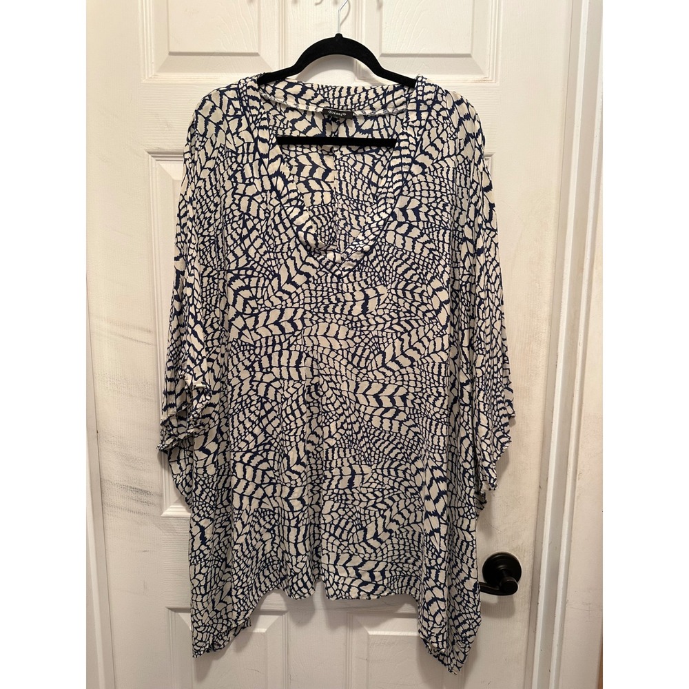 Tolani Silk Tunic Top Womens 1X Navy White Abstract Print Kaftan Blouse V-Neck
